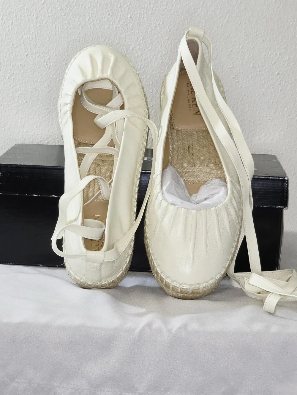 Lauren Ralph Lauren Cecilia Nappa Leather Lace-Up Espadrille In Cream  Size 7B